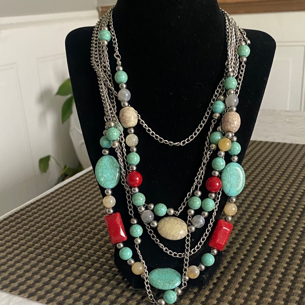 Multi-Strand Turquoise and Red Beaded Necklace - Women Jewelry